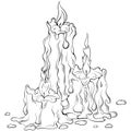 Three burning melted candles line art