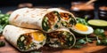 Three burritos on a cutting board with an egg. Generative AI image.