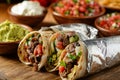 Three Burritos on a Cutting Board With Salsa and Guacamole