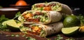 Three burritos stacked on top of each other. Generative AI image.