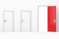 Three Business Office Doors, with One Big, Main, Opened and Red in Front of Wall. 3d Rendering Royalty Free Stock Photo