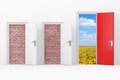 Three Business Office Doors, Two Doors blocked with Brick Wall, One Big, Main, Opened and Red Door with Free Pathway to Freedome Royalty Free Stock Photo