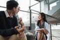 Three business people discussion about business development when sitting together Royalty Free Stock Photo