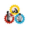 Three business people interacting inside colorful gears, symbolizing teamwork, collaboration, and synchronization of