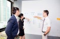 Three business people in modern office looking report and analyzing with talking in meeting room. Royalty Free Stock Photo