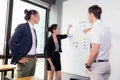 Three business people in modern office looking report and analyzing with talking in meeting room. Royalty Free Stock Photo