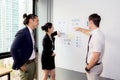 Three business people in modern office looking report and analyzing with talking in meeting room. Royalty Free Stock Photo