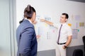 three business people in modern office looking report and analyzing. Royalty Free Stock Photo