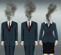 Three business people in office attire have their minds blown in a puff of smoke