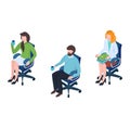 Three business people sitting on office chairs, two holding coffee mugs, one with books. Office break, corporate meeting Royalty Free Stock Photo