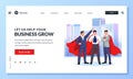 Three businessmen in red superhero cloaks. Vector business illustration for web landing page, banner, poster design