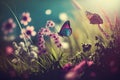 Three butterflies in a spring meadow against the background of blurred nature and sun rays, a forest meadow