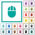 Three buttoned computer mouse flat color icons with quadrant frames