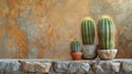 Three cacti in pots on a stone wall against a textured background Royalty Free Stock Photo