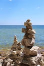 Three cairns on the shore of Lake Michigan at Cave Point County Park in Door County, Wisconsin Royalty Free Stock Photo