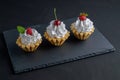 Three cakes with protein cream and berries Royalty Free Stock Photo