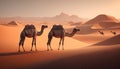 Three camels in the Sahara desert. 3d render illustration.