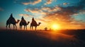 Three camels walk gracefully into a stunning desert sunset Royalty Free Stock Photo