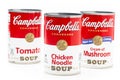 Three can tins of Campbell`s brand tomato soup, chicken noodle soup and cream of mushrooms soup