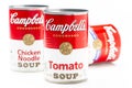 Three can tins of Campbell`s brand tomato soup, chicken noodle soup and cream of mushrooms soup