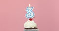 Three 3 candle in cupcake pink background