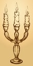 Three candle in elegant candlestick. Vector sketch