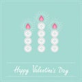 Three candles button applique on blue background Dash line Happy Valentines day card Flat design