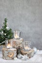 Three candles and Christmas tree Royalty Free Stock Photo