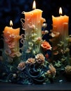 Three candles with flowers and leaves on them, AI