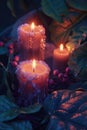 Three candles placed together on a table, suitable for various occasions Royalty Free Stock Photo