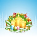Three candles stand on snowy fir tree branches with presents. Christmas glossy element on forest background Royalty Free Stock Photo