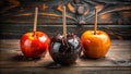 Three candy apples in assorted colors on wooden surface. Generative AI Royalty Free Stock Photo