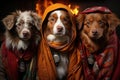 Three canines draped in ornate garb, illuminated by a mystical fire backdrop.