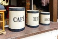 Three canisters labelled for Tea, Coffee and Sugar Royalty Free Stock Photo