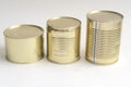 Three canned food items on a white background arranged in ascending order.