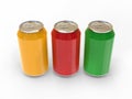 Three cans of colored carbonated drinks