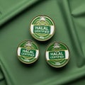 Cans, labeled Halal Certified, are arranged on a green fabric Royalty Free Stock Photo