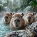 Three capybaras bathing in a serene tropical setting. Royalty Free Stock Photo