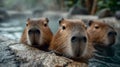 Three capybaras relaxing in a steaming natural hot spring. Royalty Free Stock Photo