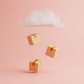 Three cardboard boxes are falling from the cloud on a pink background