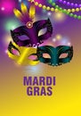 Three carnival masks and feathers on a colorful background for Mardi gras. Greeting card, banner or poster with shining beads.