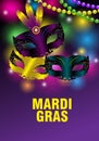Three carnival masks and feathers on a purple background for Mardi gras. Colorful greeting card, banner or poster with shining