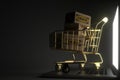 Three cartons with IKEA logo in golden shopping trolley on the laptop. Editorial premium service related 3D rendering