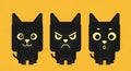Three Cartoon Black Cats with Different Expressions on Yellow Background Royalty Free Stock Photo