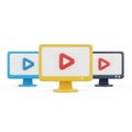 Three Cartoon Computer Monitors Displaying Play Buttons on White Background screen television Royalty Free Stock Photo
