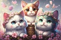 Three cartoon cute cats with flowers and butterflies. Generative ai Royalty Free Stock Photo