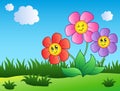 Three cartoon flowers on meadow Royalty Free Stock Photo