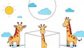 Three cartoon giraffes, two standing, one peeking from a cube, u Royalty Free Stock Photo