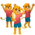 Group of three lions in uniform cheering on the soccer field with goblet