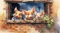 Watercolor Painting Of Three Pigs Hanging Out Of A Window